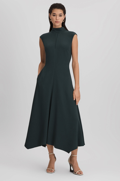 Reiss Libby - Dark Green Fitted Asymmetric Midi Dress, Us 6