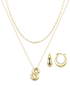 UNWRITTEN 14K GOLD FLASH-PLATED PUFF INITIAL LAYERED PENDANT NECKLACE AND HOOP EARRINGS SET