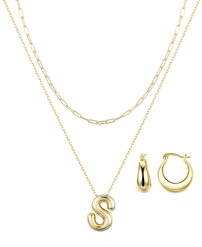 Unwritten 14k Gold Flash-plated Puff Initial Layered Pendant Necklace And Hoop Earrings Set In Gold-s