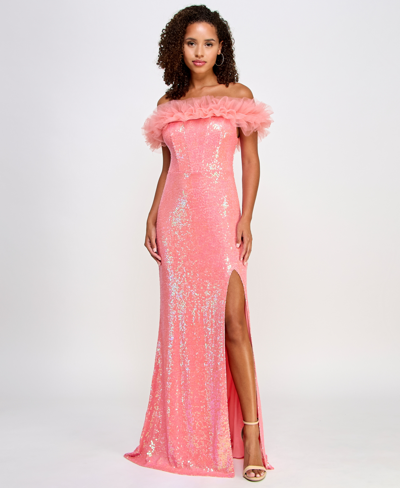 Pear Culture Juniors' Tulle-trim Off-the-shoulder Sequin Gown, Created For Macy's In Neon Coral