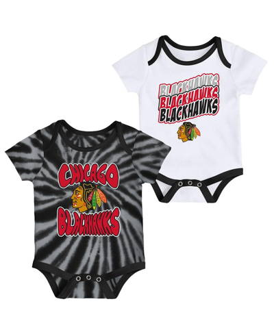 OUTERSTUFF NEWBORN AND INFANT BOYS AND GIRLS BLACK, WHITE CHICAGO BLACKHAWKS MONTEREY TIE-DYE TWO-PACK BODYSUIT