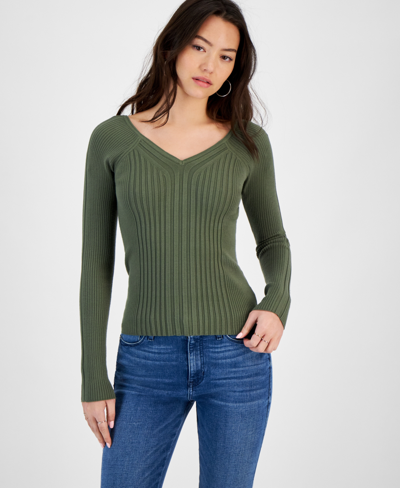Guess Women's Allie V-neck Ribbed Sweater In Lichen Leaf Green