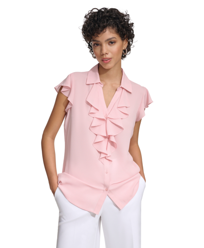 Calvin Klein Women's Cap-sleeve Ruffle Front Blouse In Silver Pink