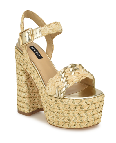 Nine West Women's Jolane Block Heel Round Toe Dress Sandals In Light Natural,gold - Manmade