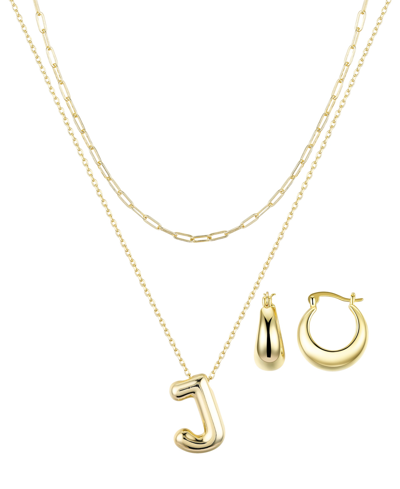 Unwritten 14k Gold Flash-plated Puff Initial Layered Pendant Necklace And Hoop Earrings Set In Gold-j