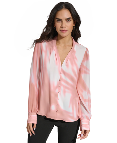 Calvin Klein Women's Long-sleeve Printed V-neck Blouse In Desert Rose Multi