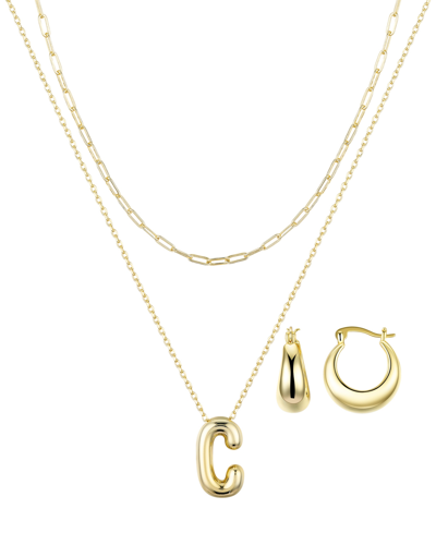 Unwritten 14k Gold Flash-plated Puff Initial Layered Pendant Necklace And Hoop Earrings Set In Gold-c