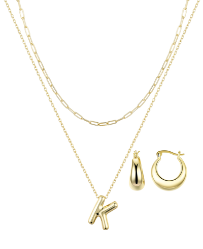 Unwritten 14k Gold Flash-plated Puff Initial Layered Pendant Necklace And Hoop Earrings Set In Gold-k