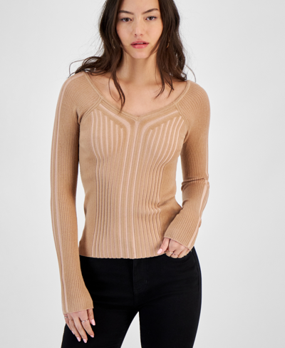 Guess Women's Allie V-neck Ribbed Sweater In Bronze And Wet Sand Vanise