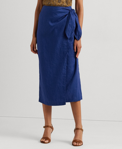 Lauren Ralph Lauren Linen Wrap Midi Skirt In Indigo Sail