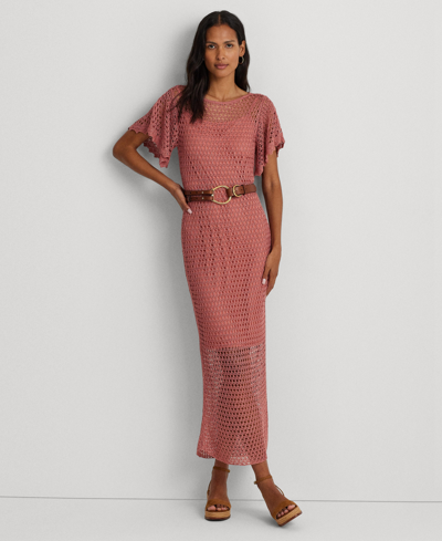 Lauren Ralph Lauren Belted Linen-blend Pointelle-knit Dress In Pink Mahogany