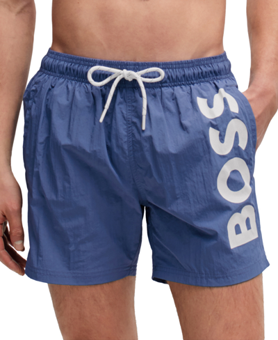 Hugo Boss Octopus Nylon Logo Print Regular Fit 5.3 Swim Trunks In Open Blue