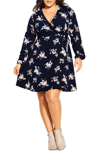City Chic Dana Floral Long Sleeve Wrap Dress In Navy Poetic Ditsy