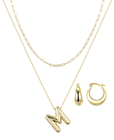 Unwritten 14k Gold Flash-plated Puff Initial Layered Pendant Necklace And Hoop Earrings Set In Gold-m