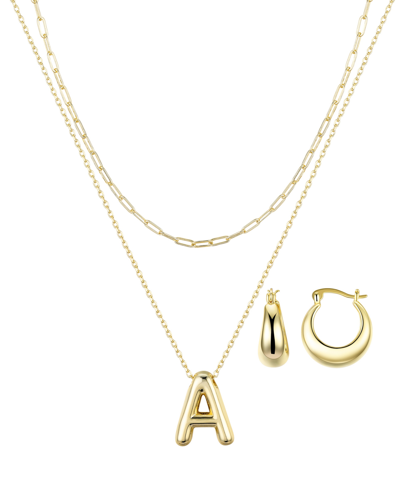 Unwritten 14k Gold Flash-plated Puff Initial Layered Pendant Necklace And Hoop Earrings Set In Gold-a