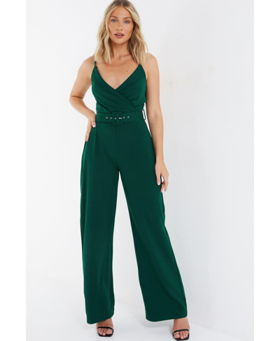 Quiz Scuba Crepe V Neck Belted Palazzo Jumpsuit In Green