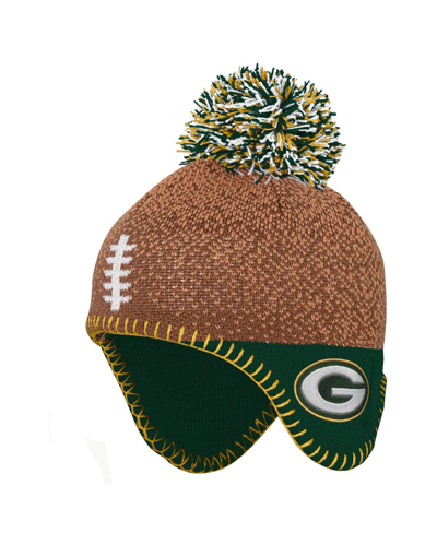 OUTERSTUFF PRESCHOOL BOYS AND GIRLS BROWN, GREEN GREEN BAY PACKERS FOOTBALL HEAD KNIT HAT WITH POM