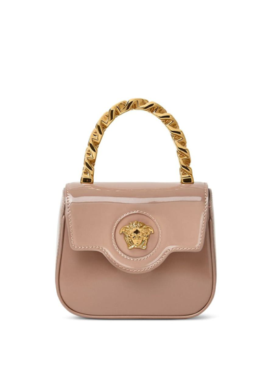 Versace La Medusa Patent Leather Mini Bag In Blush  Gold (beige)