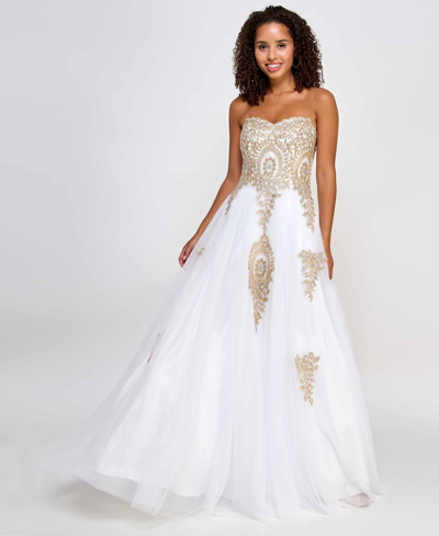 Say Yes Juniors' Strapless Embellished Ballgown, Created For Macy's In Ivory,gold