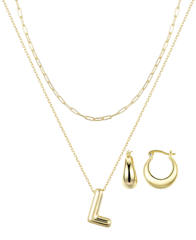 Unwritten 14k Gold Flash-plated Puff Initial Layered Pendant Necklace And Hoop Earrings Set In Gold-l