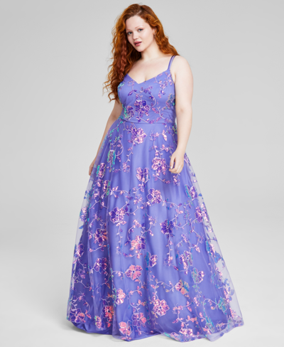 Say Yes Trendy Plus Size Sequined Embroidered Ball Gown, Created For Macy's In Lavender