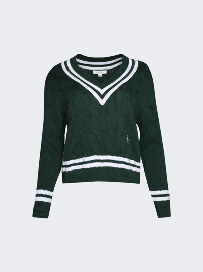 Sporty And Rich Cable-knit V-neck Cotton Sweatshirt In Forrest