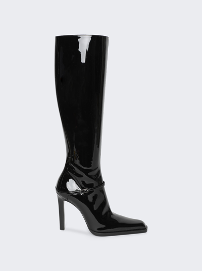 Saint Laurent Nina Patent Buckle Stiletto Knee Boots In Nero
