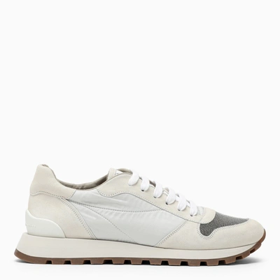 BRUNELLO CUCINELLI WHITE NYLON AND SUEDE TRAINER