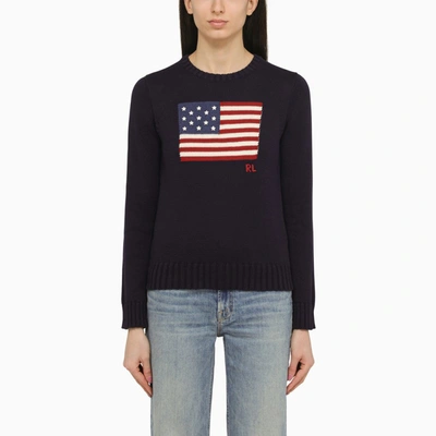 POLO RALPH LAUREN NAVY BLUE COTTON CREW-NECK SWEATER WITH FLAG