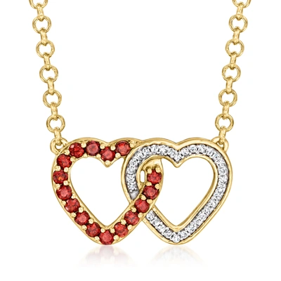 Ross-simons Garnet And . Diamond Double-heart Necklace In 18kt Gold Over Sterling In Red