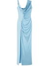 Versace Asymmetric Silk-satin Gown Dress In Light Blue