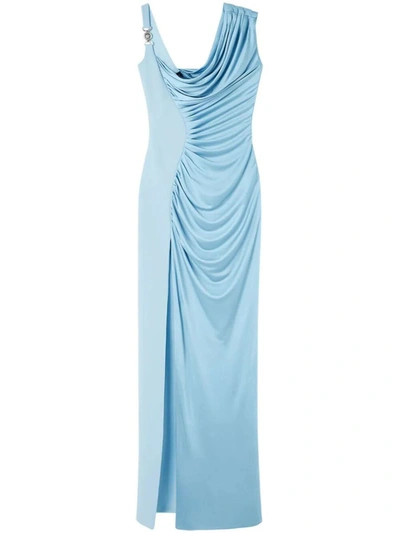 Versace Asymmetric Silk-satin Gown Dress In Pale Blue