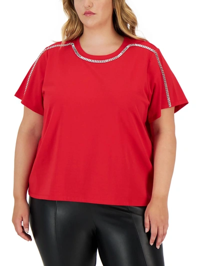 Calvin Klein Plus Womens Crewneck Embellished Blouse In Red