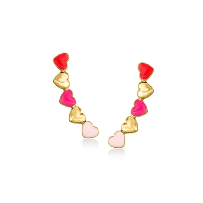 Rs Pure By Ross-simons Multicolored Enamel Heart Ear Climbers In 14kt Yellow Gold In Red