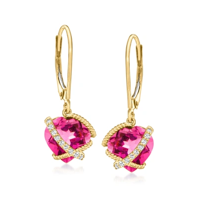 Ross-simons Pink Topaz Heart Drop Earrings With Diamond Accents In 14kt Yellow Gold In Purple