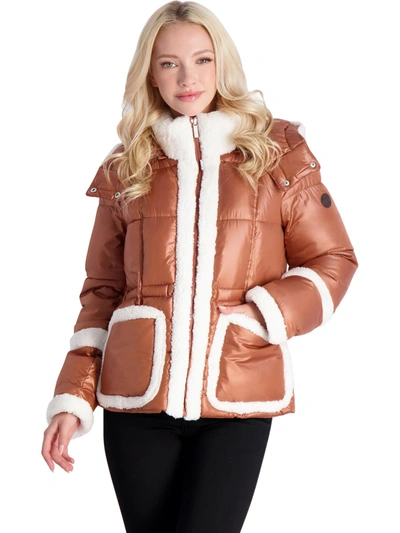 French Connection Womens Sherpa Trimmed Quilted Puffer Jacket In Beige