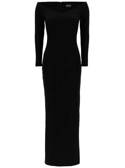 SOLACE LONDON 'TARA' MAXI BLACK DRESS WITH OFF-SHOULDER NECK IN STRETCH FABRIC WOMAN