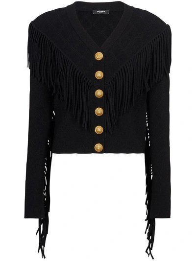 Balmain 5-button Cardigan With Fringes In Black