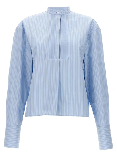 Jil Sander Striped Pleated Front Long Sleeve Shirt In Blue