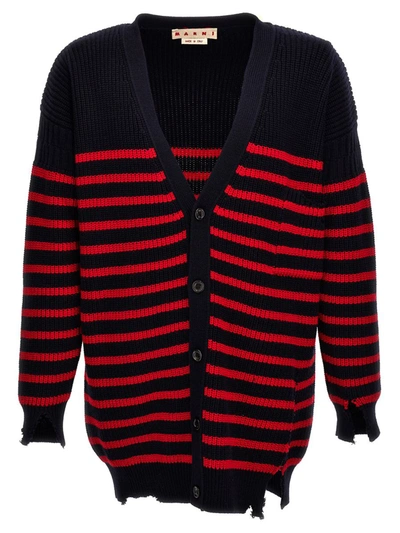 Marni Distressed Striped Knit Cardigan In Blue