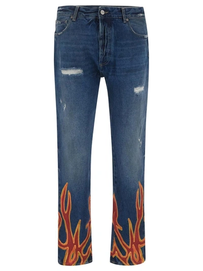 Palm Angels Burning Regular Jeans In Navy