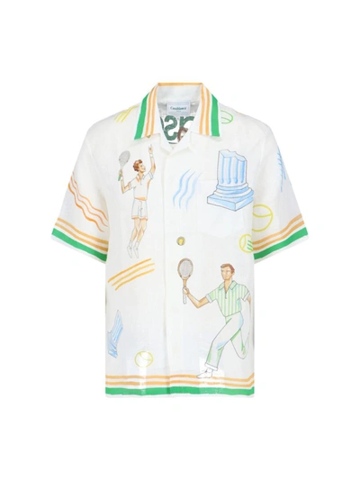 Casablanca Tennis Club Short Sleeve Linen Button-up Shirt In White