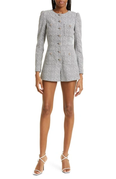 Alice And Olivia Shiloh Button-front Tweed Romper In Black/ Off White