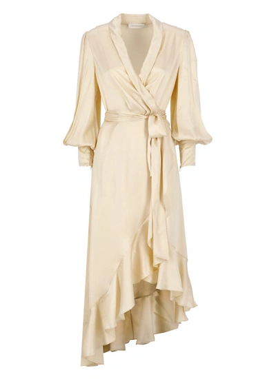 Zimmermann Neutral Wrap Design Silk Midi Dress In Nude & Neutrals