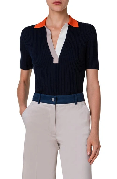 Akris Punto Ribbed Knit Wool Polo Top With Colorblock Collar In Navy Multi