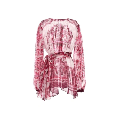 Dolce & Gabbana Majolica Print Belted Blouse In Pink