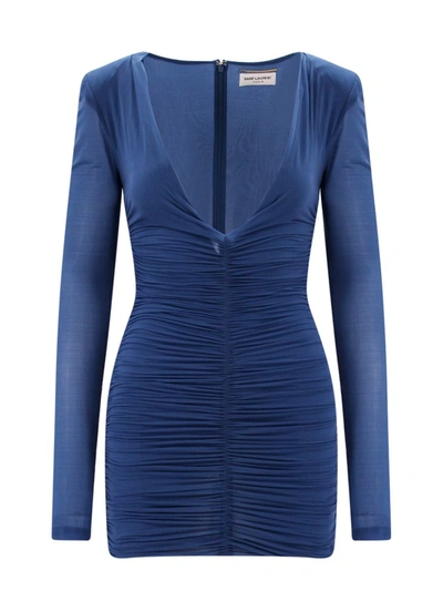 Saint Laurent Draped Fabric Dress In Blue