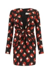 Saint Laurent Rose Print Plunge Neck Long Sleeve Silk Minidress In Floral