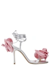 MAGDA BUTRYM SILVER STRAPPY SANDALS WITH 3D FLOWER IN SILK BLEND WOMAN
