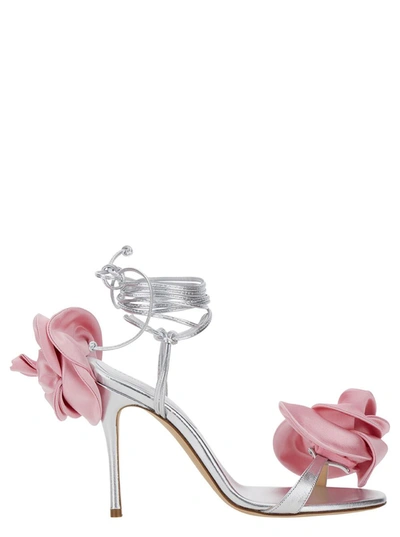 MAGDA BUTRYM SILVER STRAPPY SANDALS WITH 3D FLOWER IN SILK BLEND WOMAN